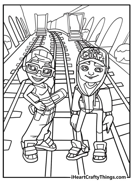 Subway surfers character in cityscape background coloring sheet