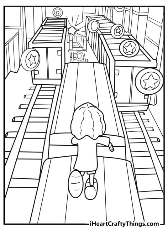 Subway surfers character jumping between train cars coloring sheet