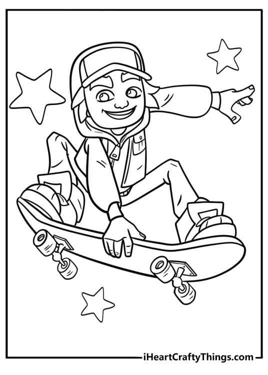 Subway surfers character using a hoverboard coloring sheet