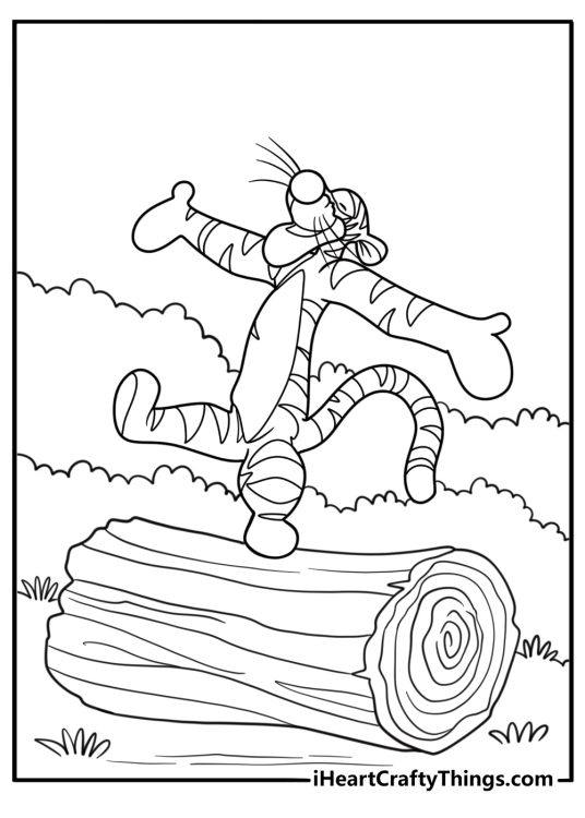 Tigger balancing on a log coloring page