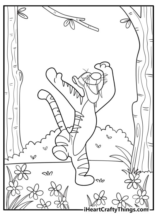 Tigger dancing in the forest coloring page