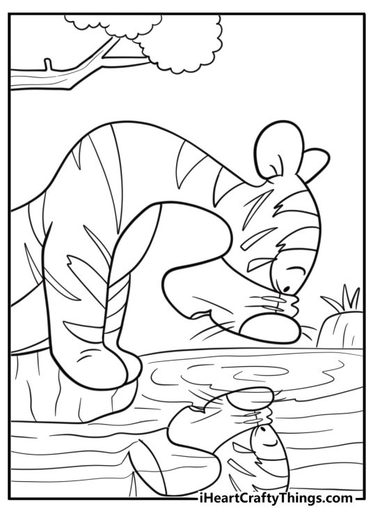 Tigger looking at his reflection in a pond coloring page