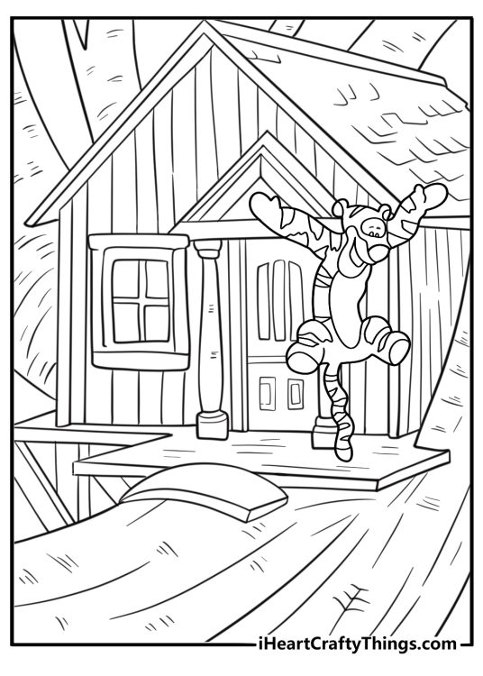 Tigger peeking out of a treehouse coloring page