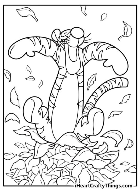 Tigger playing in a pile of leaves coloring page