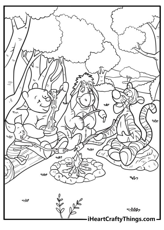 Tigger sitting by a campfire coloring page