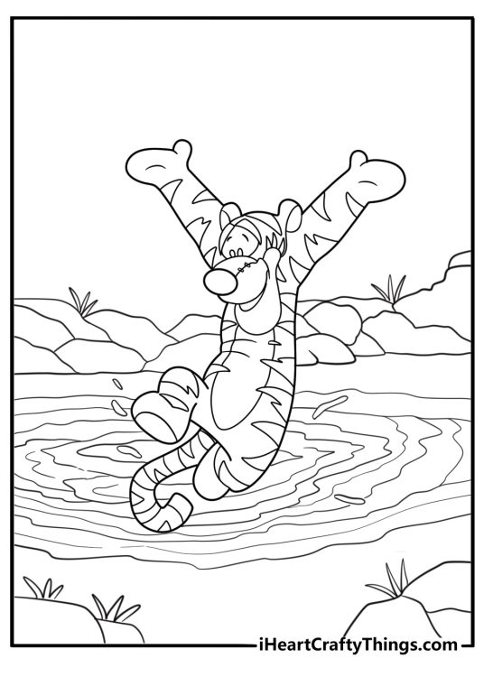 Tigger splashing in the mud coloring page
