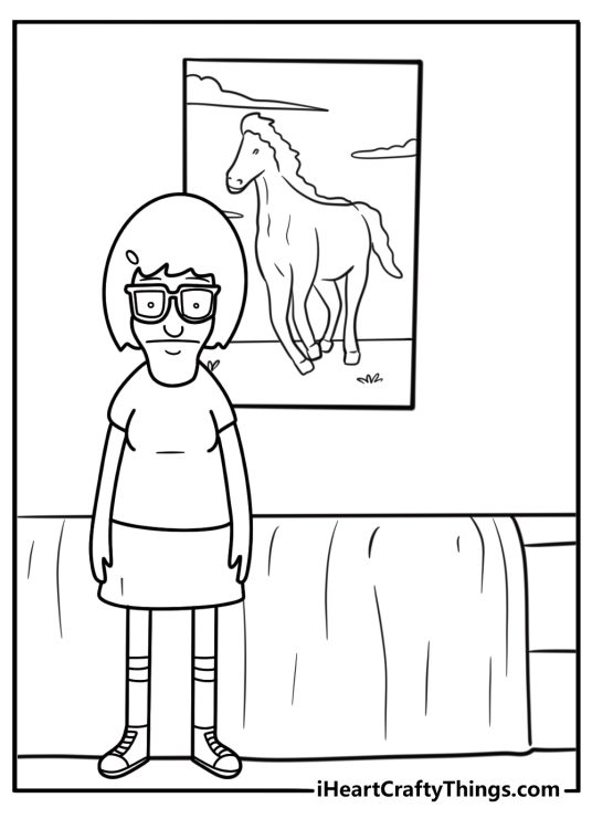 Tina standing next to a horse drawing coloring page