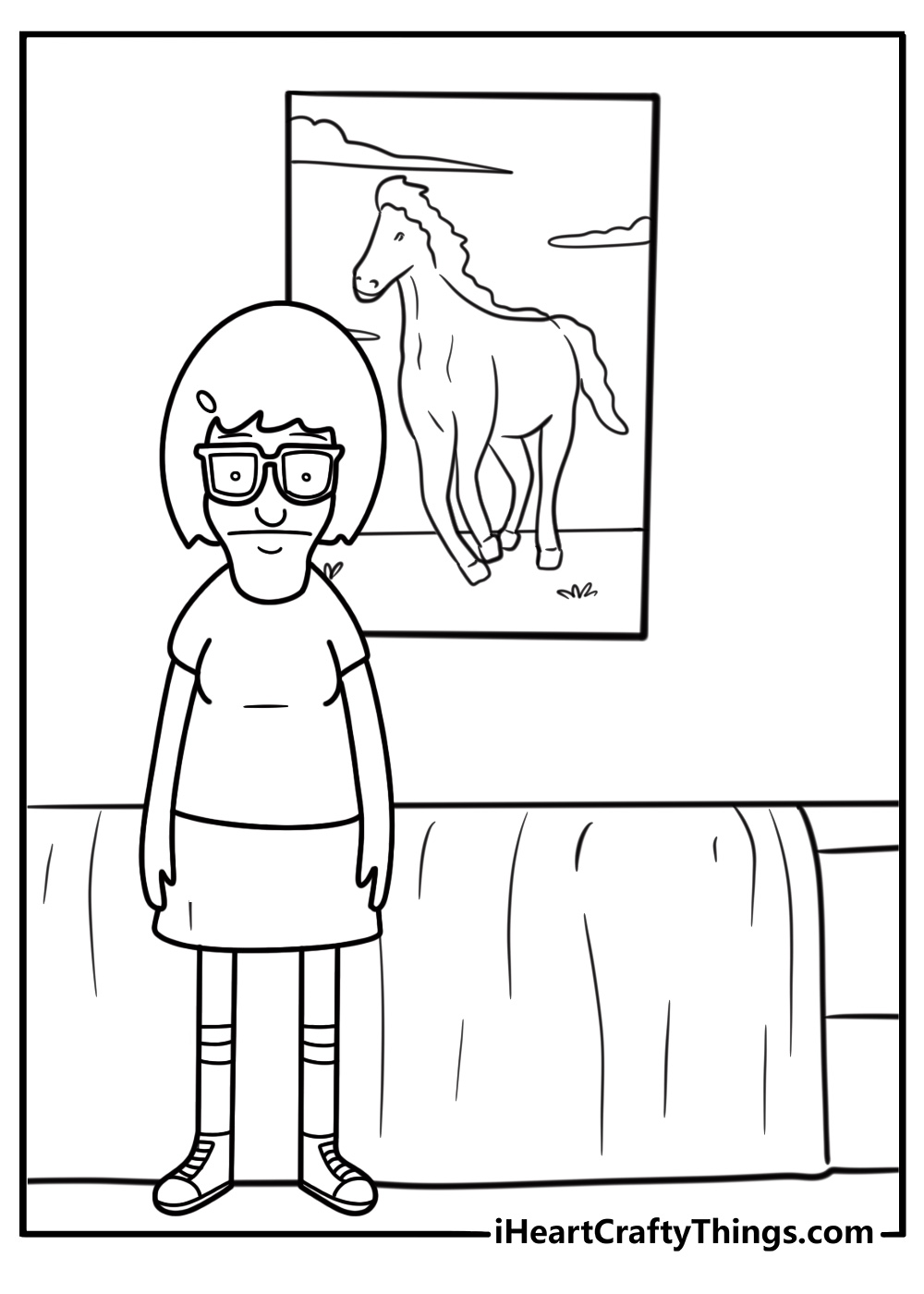tina standing next to a horse drawing coloring page