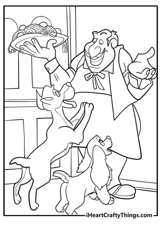 Tony serving spaghetti to lady and tramp coloring page