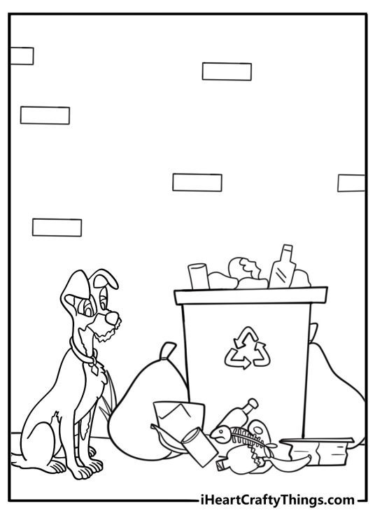 Tramp near the garbage cans coloring page