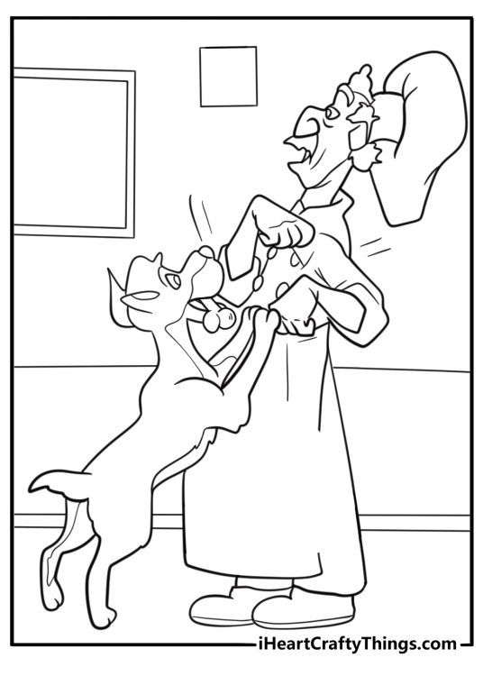 Tramp stealing a bone from a butcher coloring page