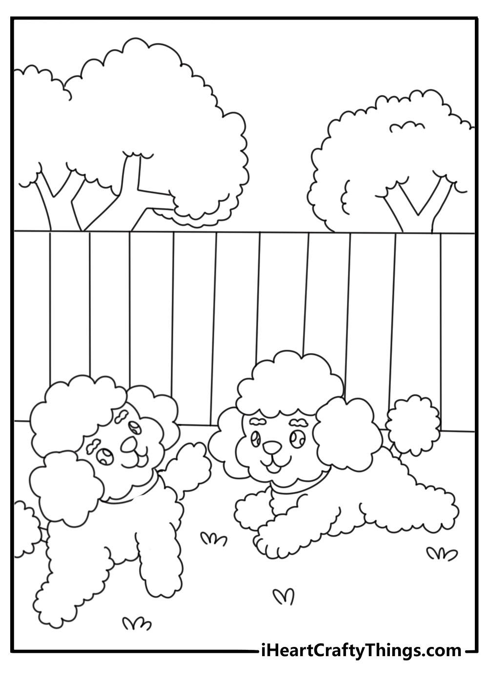 two poodles playing together in the backyard coloring page