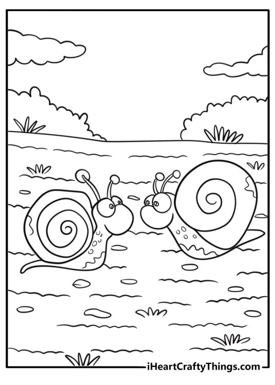 Two snails meeting on a dirt path free coloring page pdf