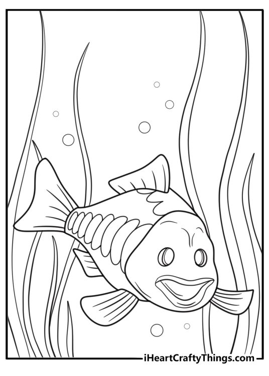 Underwater scene with bass and reeds coloring page
