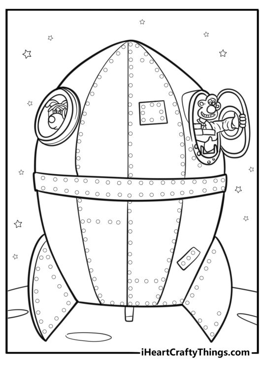 Wallace and Gromit in the rocket ship to the moon coloring page