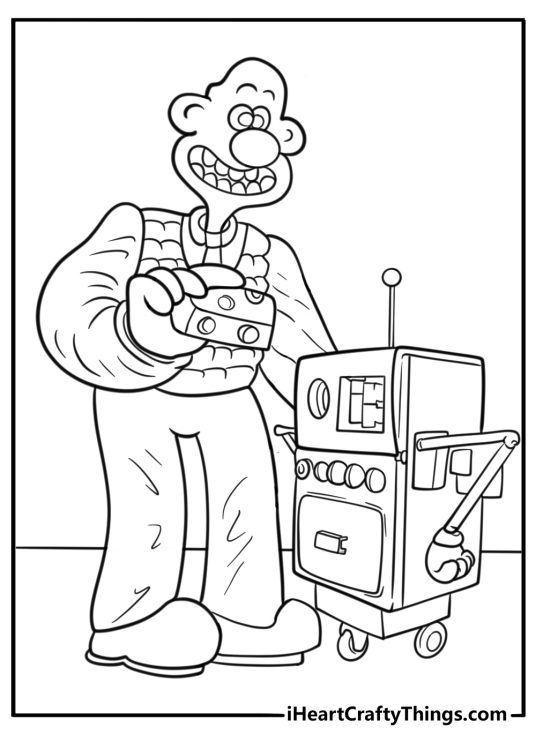 Wallace feeding a robot coloring page for kids