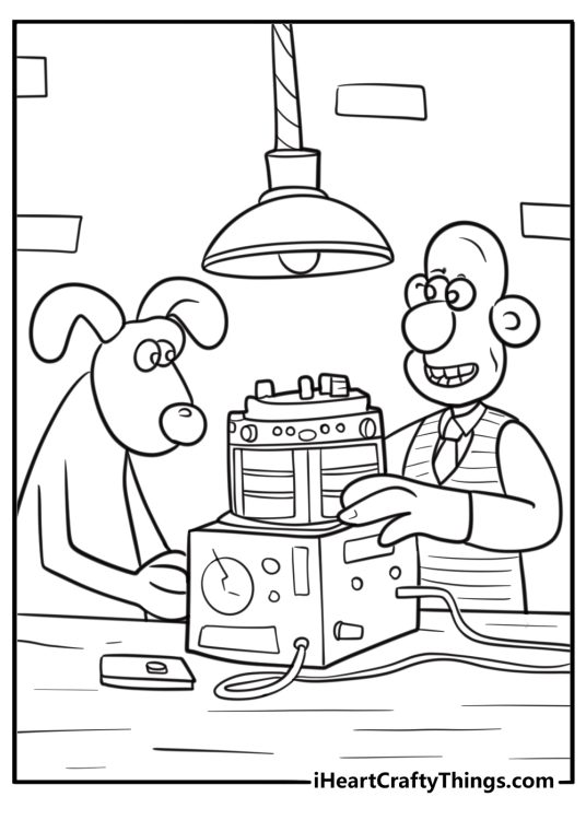 Wallace in his workshop fixing a machine coloring page
