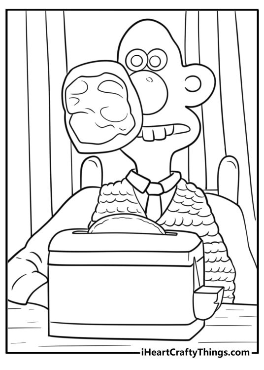 Wallace launching a toast with his breakfast machine free coloring page pdf