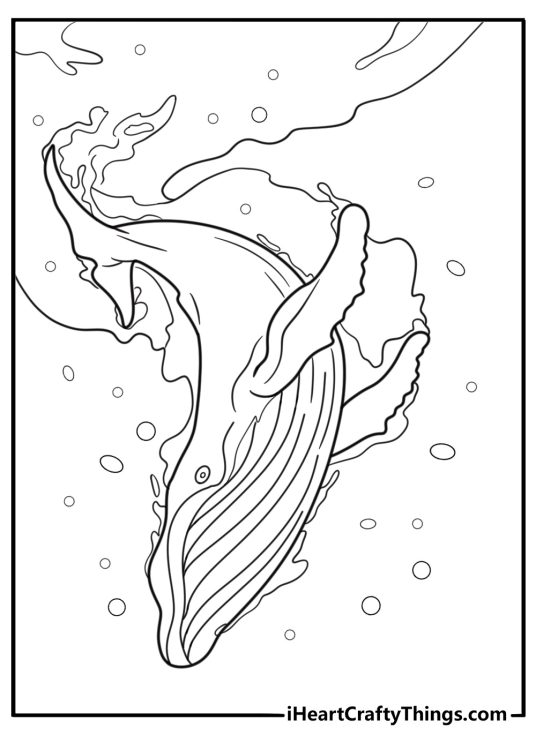 Whale diving toward the ocean floor coloring sheet