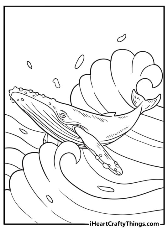 Whale near ocean waves coloring page