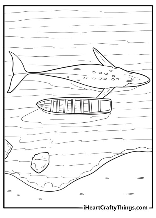 Whale swimming near a boat coloring page
