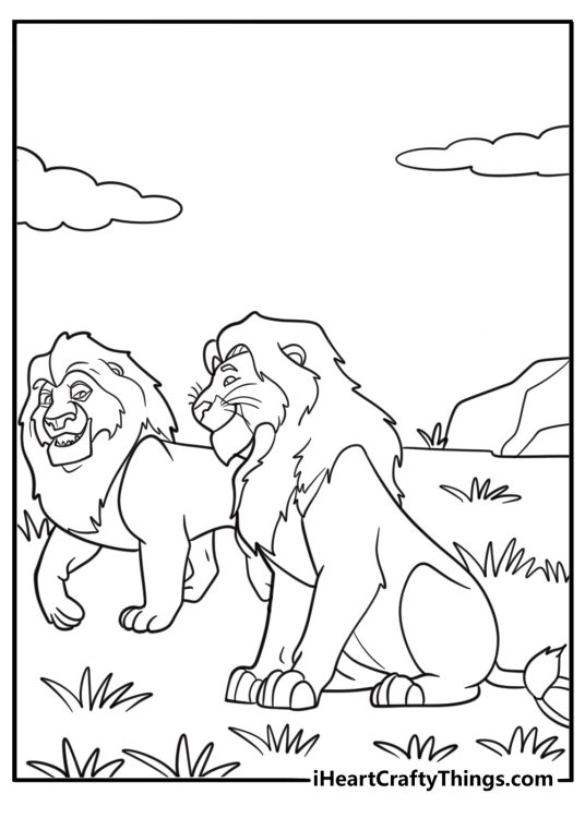 White lions confronting Mufasa in the grasslands printable coloring sheet