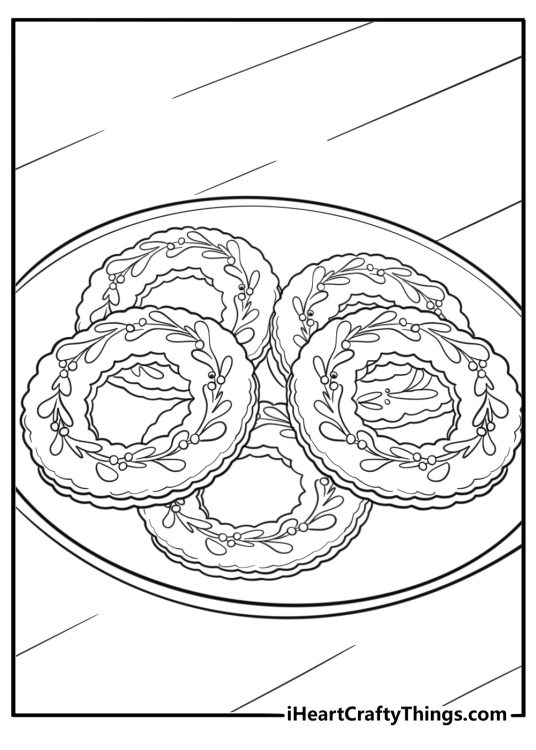 Wreath-shaped cookie with green icing free printable coloring page