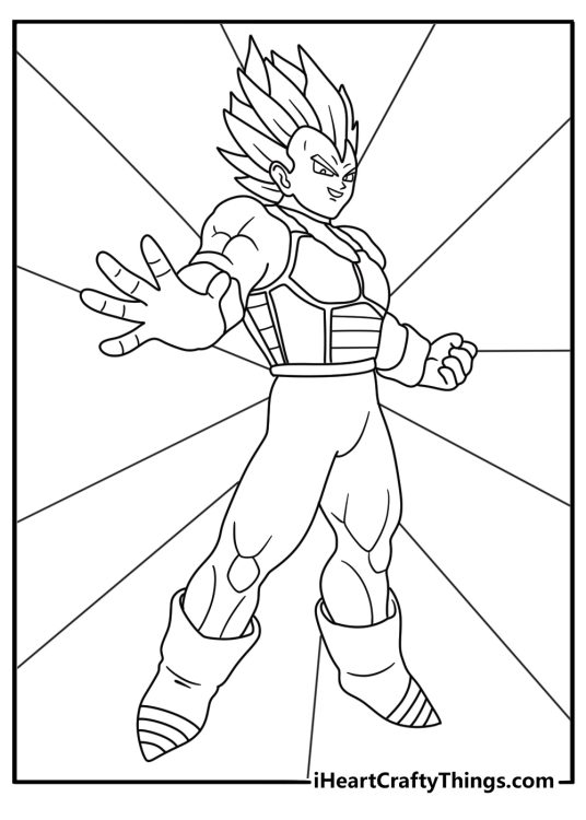 A Dragon Ball Z coloring page features Vegeta wearing Saiyan armor