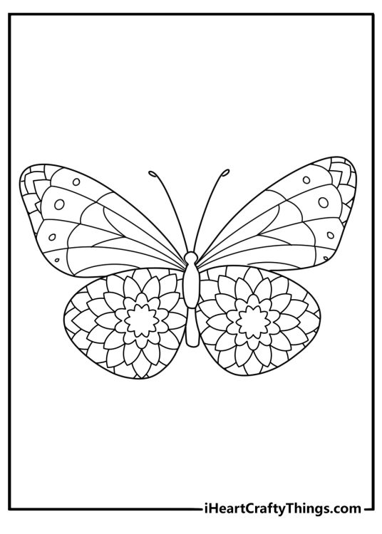 A butterfly mandala with repeated wings makes a detailed coloring sheet