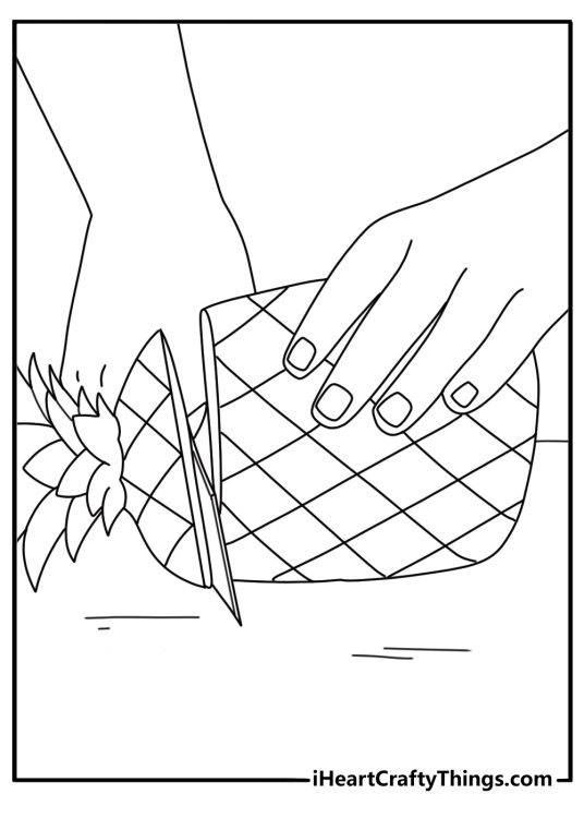 A chef cuts the leafy top from a pineapple in this printable sheet