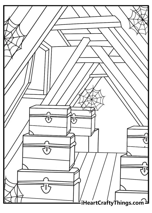 A creepy attic with trunks and cobwebs makes this coloring page for adults