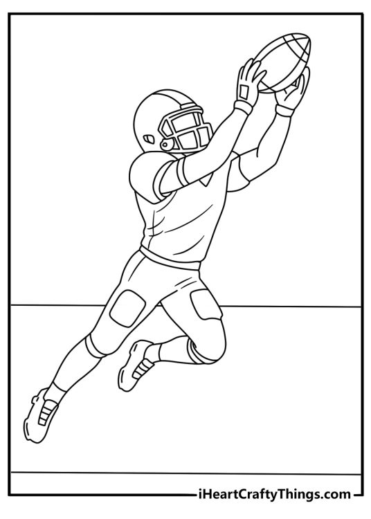 A defensive back intercepts a pass in this American football coloring sheet