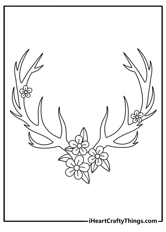 A detailed deer coloring page for adults features floral antler patterns