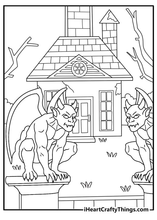 A detailed haunted mansion coloring page includes gargoyles near the entrance