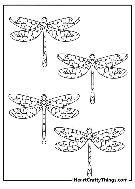 A dragonfly design repeats around this nature mandala coloring page