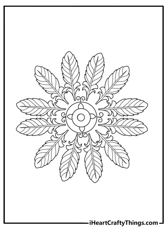 A feather mandala forms a soft circular pattern in this free printable