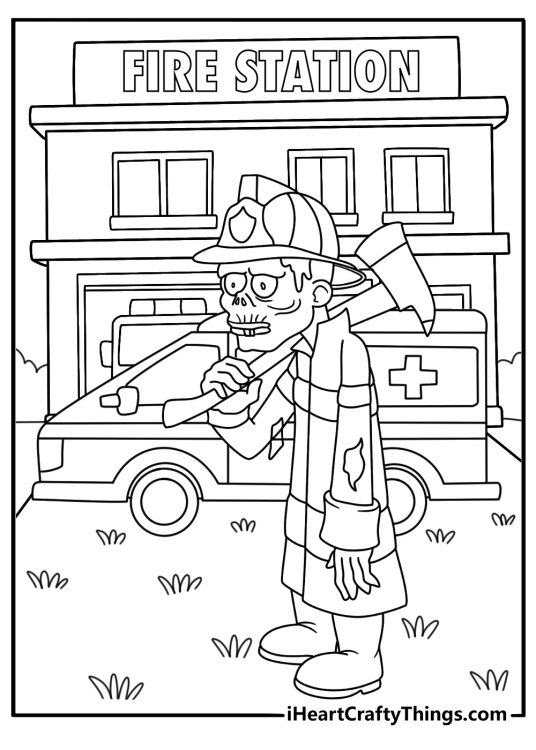 A firefighter zombie walks past a fire station in this simple coloring sheet