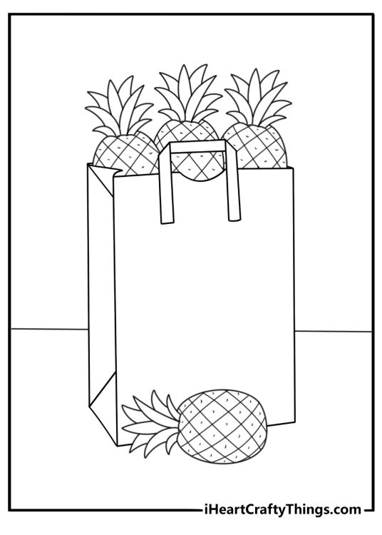 A grocery bag filled with fresh pineapples appears in this printable page
