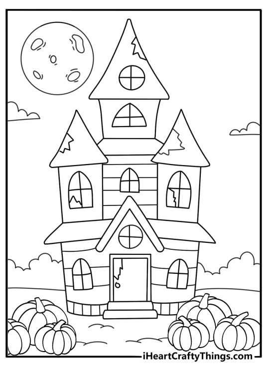 A haunted house coloring page for kids shows pumpkins along the garden path