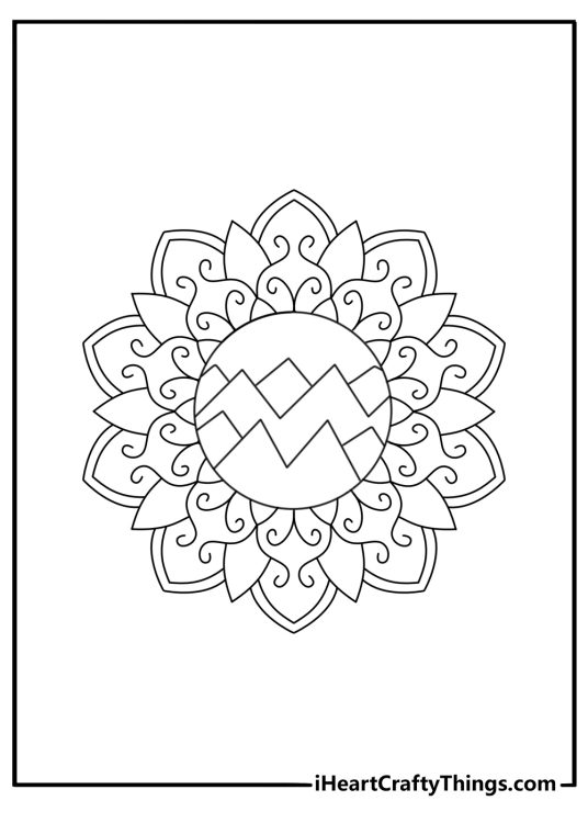 A mountain pattern repeats around the center of this mandala coloring sheet