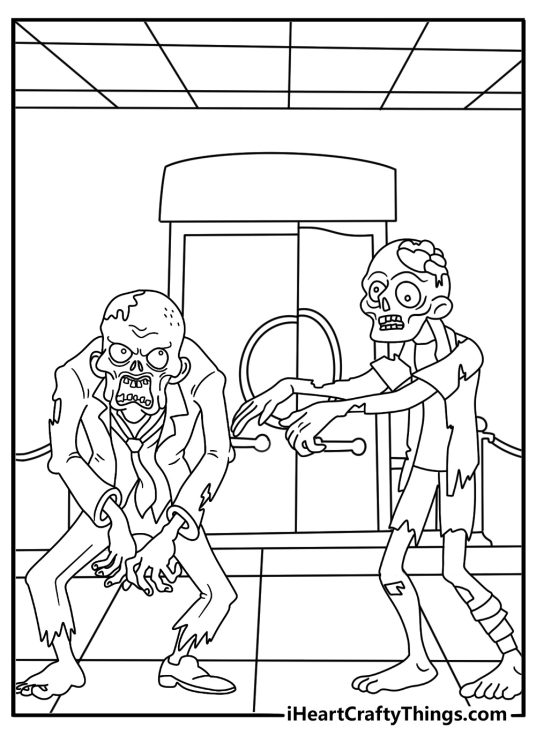 A movie theater lobby surrounds a cartoon zombie in this printable page