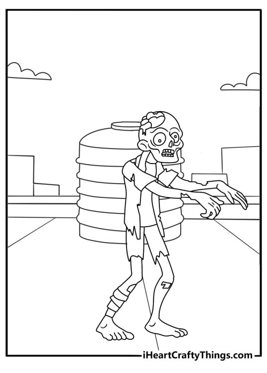 A rooftop water tank stands behind a lone zombie in this detailed sheet