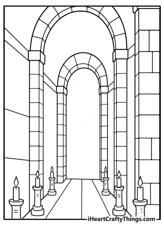 A row of carved candles lights a dark stone hallway in this printable page