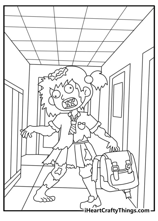 A school hallway surrounds a student zombie in this spooky coloring page