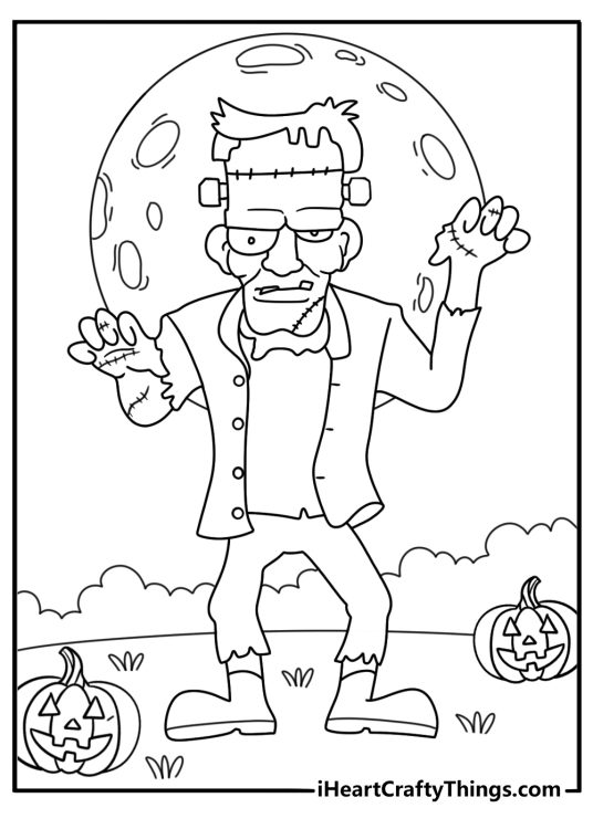 A simple Halloween coloring sheet features neck bolts and stitched hands