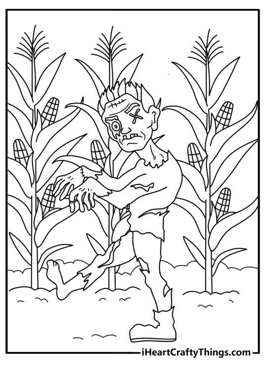 A simple Halloween coloring sheet shows a zombie crossing a cornfield