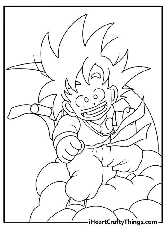 A simple anime coloring sheet shows Goku riding the Flying Nimbus