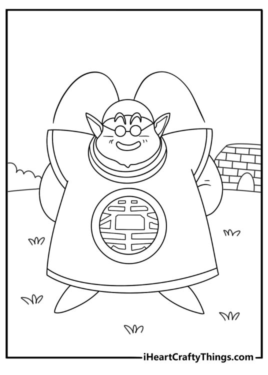 A simple coloring printable features King Kai beside his tiny planet