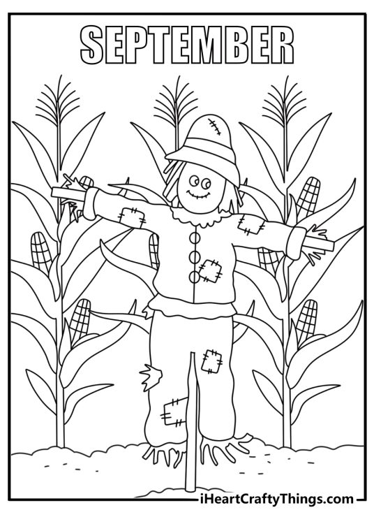 A simple fall coloring sheet shows a scarecrow beside corn stalks