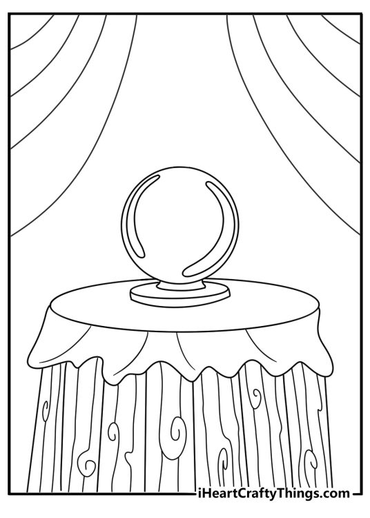 A simple spooky coloring page shows a crystal ball on a wooden table